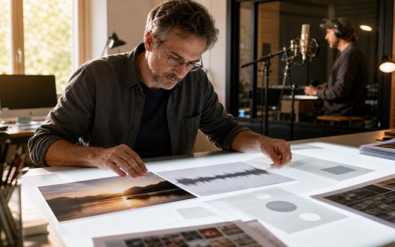 Erwachsene Kommunikationsexpertin prüft in einem österreichischen Kreativstudio transparente Kennzeichnungen für synthetische Bild- und Audioinhalte