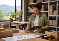 Erwachsene österreichische Datenanalystin prüft an einem Lagerarbeitsplatz Tabellenwerte auf einem abgewandten Tablet anhand physischer Bestandsmarken