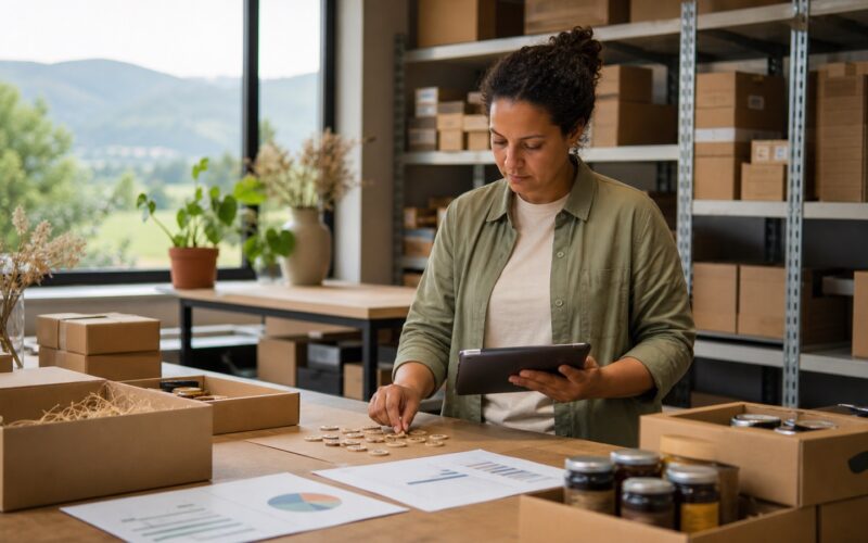Erwachsene österreichische Datenanalystin prüft an einem Lagerarbeitsplatz Tabellenwerte auf einem abgewandten Tablet anhand physischer Bestandsmarken