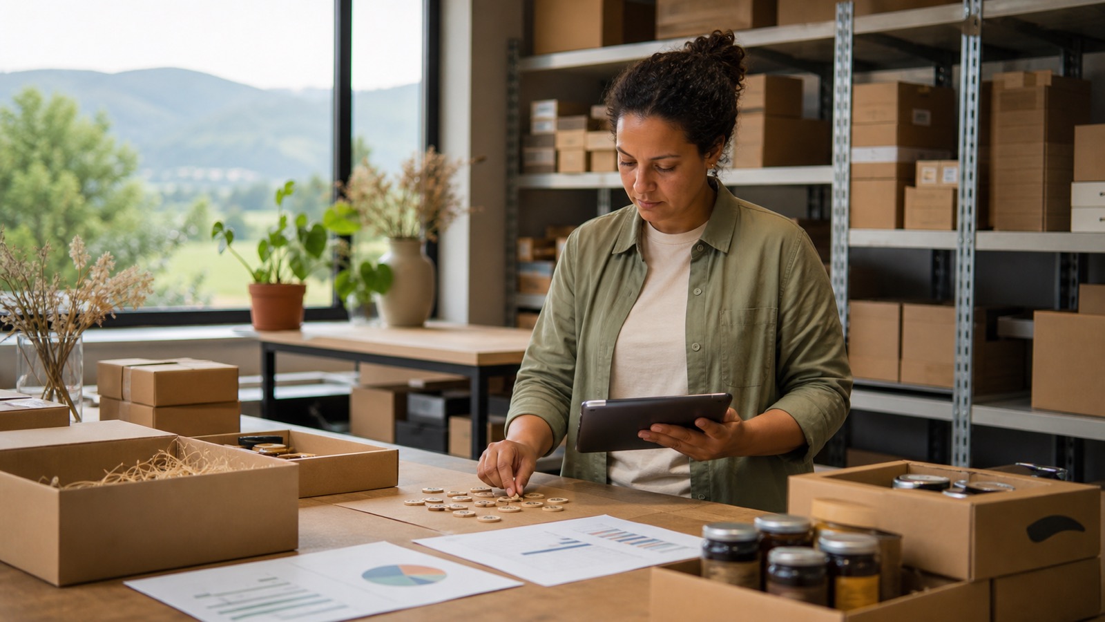 An adult Austrian data analyst checks spreadsheet values on a tablet facing away at a warehouse workstation using physical inventory tags