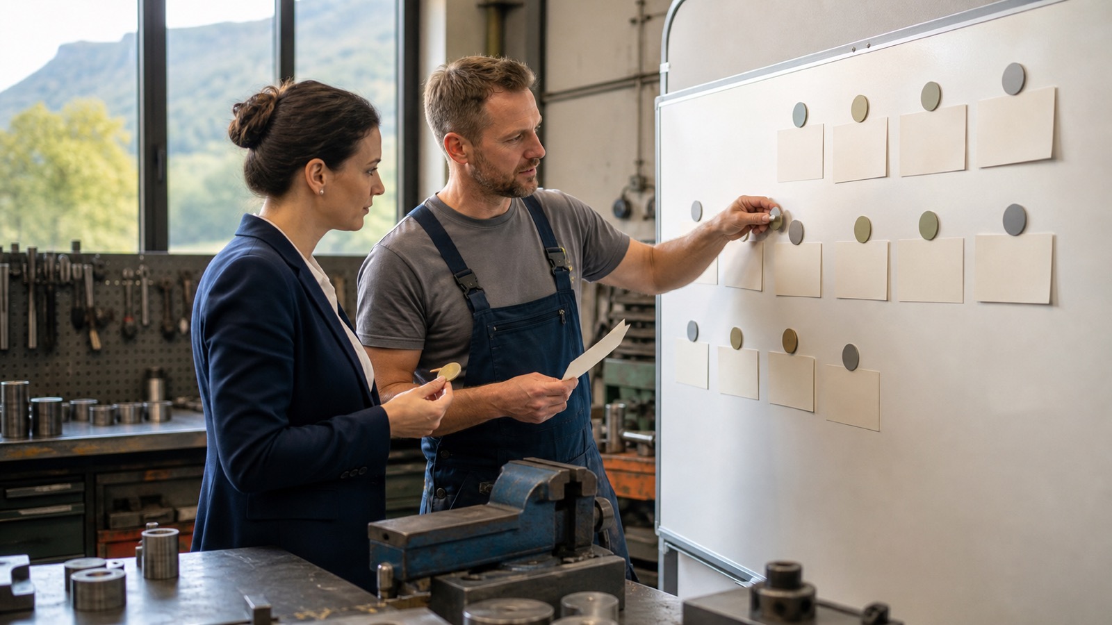 An adult recruiting specialist and a workshop manager review neutral task cards at an Austrian metal company for a fair job posting