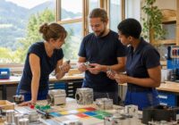 Erwachsenes österreichisches Serviceteam bewertet gemeinsam fertige Arbeitsstücke und Qualitätsproben statt einzelne Beschäftigte digital zu überwachen