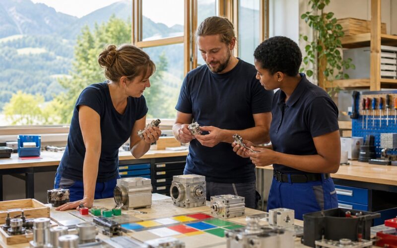 A mature Austrian service team jointly assesses completed workpieces and quality samples instead of digitally monitoring individual employees