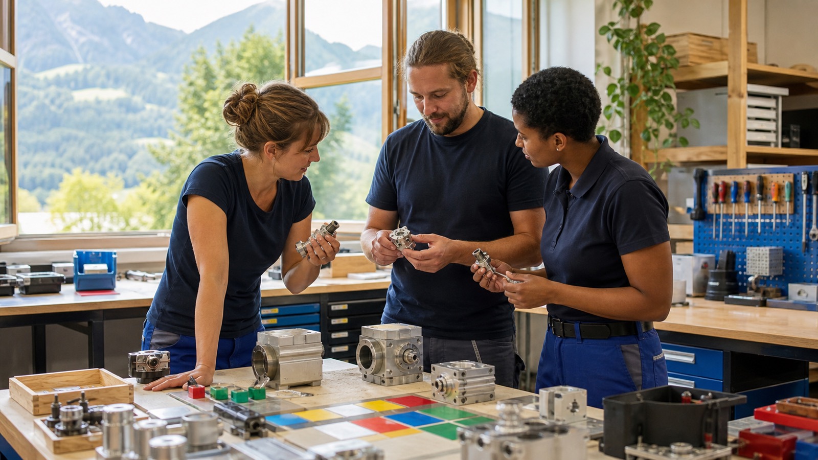 A mature Austrian service team jointly assesses completed workpieces and quality samples instead of digitally monitoring individual employees