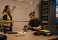Erwachsene Einsatzleiterin und IT-Techniker begrenzen in einer österreichischen Betriebszentrale einen KI-Vorfall an einem isolierten unmarkierten Gerätemodul