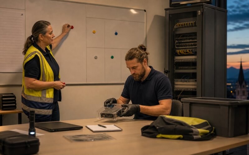 An adult female incident commander and an IT technician contain an AI incident involving an isolated, unmarked device module in an Austrian operations control center
