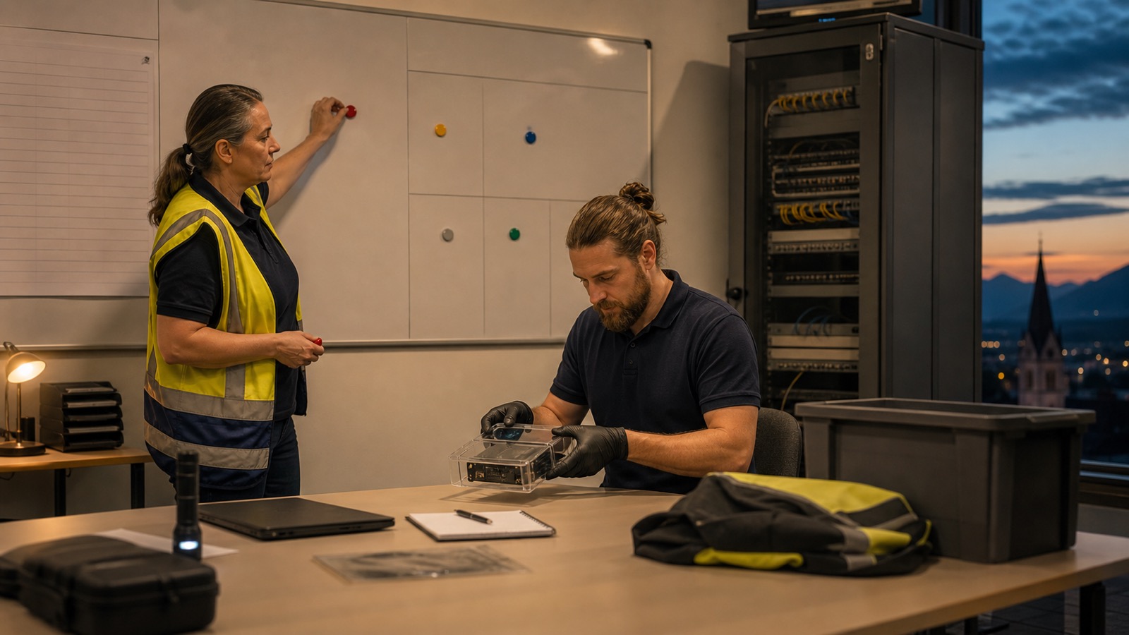 An adult female incident commander and an IT technician contain an AI incident involving an isolated, unmarked device module in an Austrian operations control center