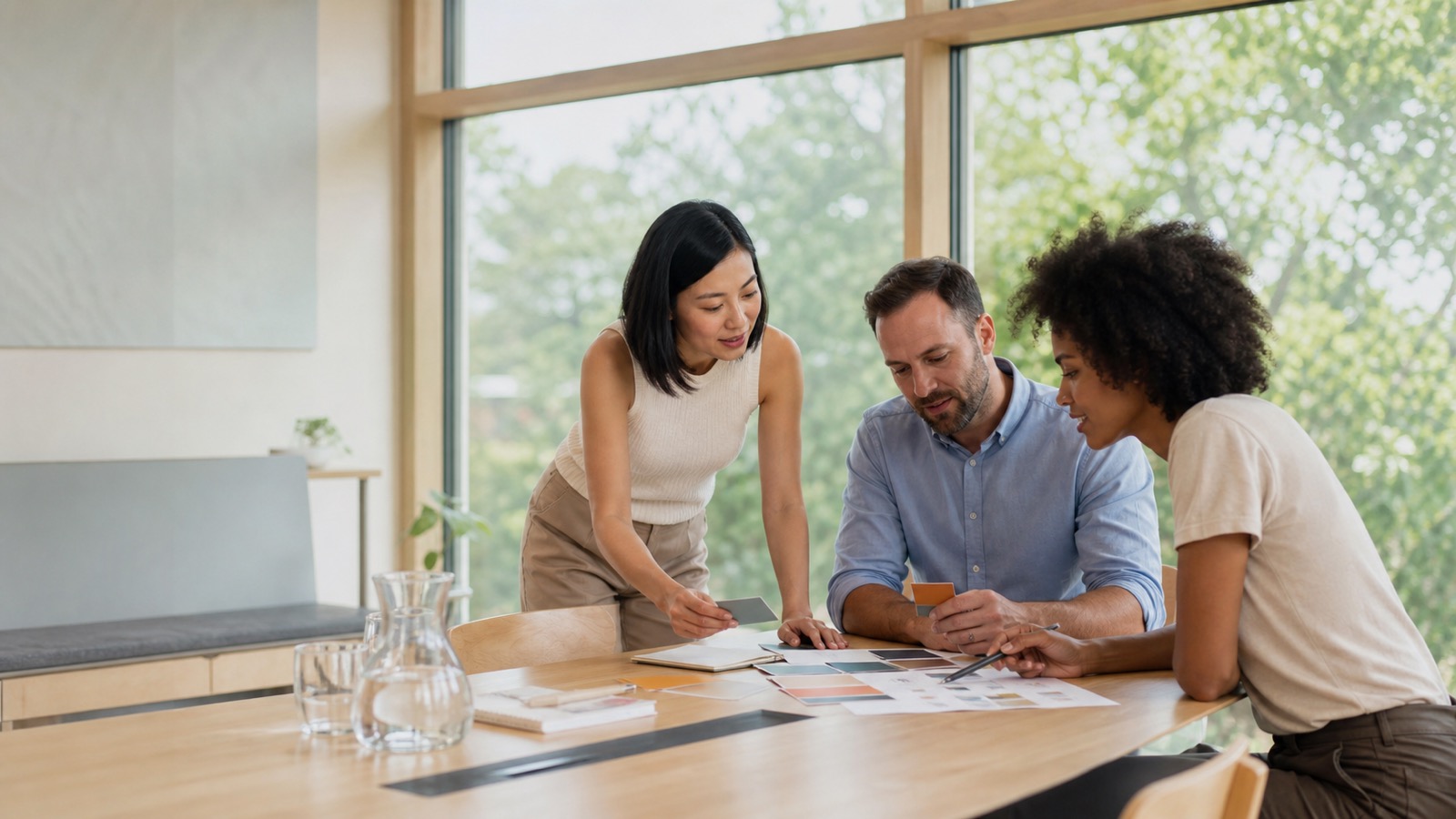 Adult professionals discussing a responsible AI learning plan in a bright Austrian workplace
