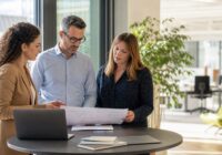 Drei erwachsene Fachpersonen prüfen in einem Wiener Besprechungsraum gemeinsam einen KI-gestützten Recruiting-Prozess