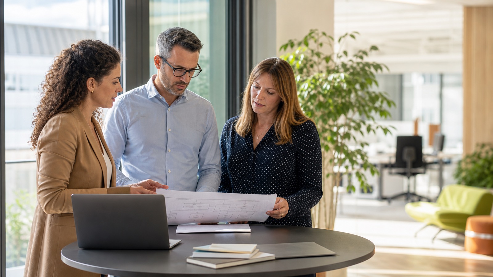 Three adult professionals in a Vienna meeting room jointly review an AI-assisted recruiting process