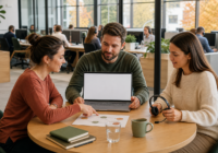 Service-Team in einem österreichischen Kundenzentrum plant gemeinsam die sichere Übergabe eines KI-Chatbots an Mitarbeitende.