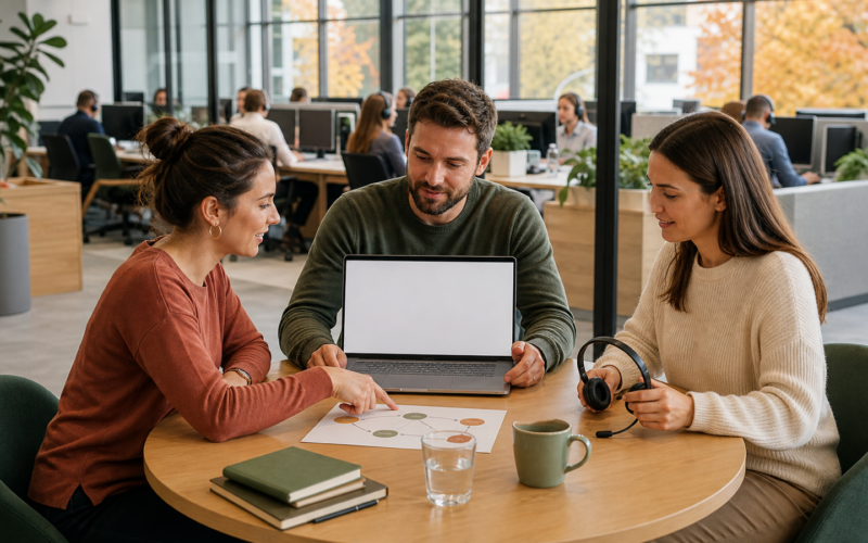 Service-Team in einem österreichischen Kundenzentrum plant gemeinsam die sichere Übergabe eines KI-Chatbots an Mitarbeitende.