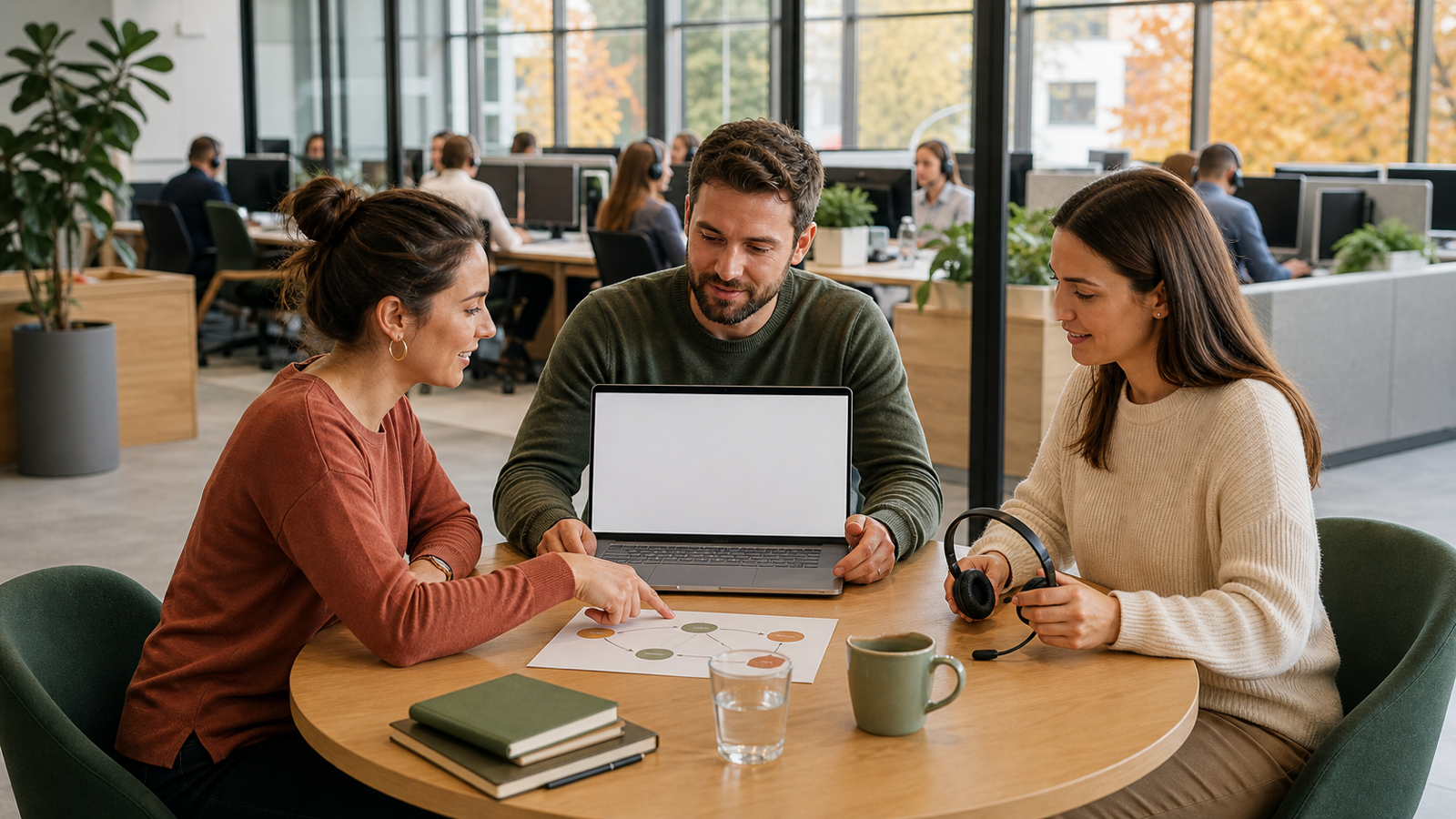Service team at an Austrian customer center jointly plans the secure handover of an AI chatbot to employees.