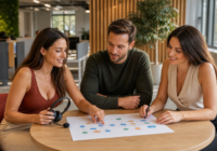 Service-Team in einem österreichischen Kundenzentrum plant gemeinsam die sichere Übergabe eines KI-Chatbots an Mitarbeitende.