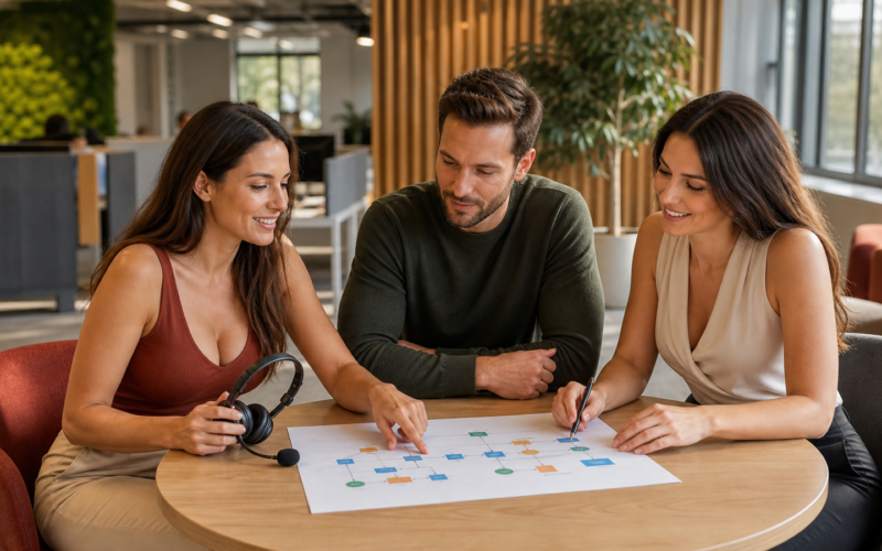 Service-Team in einem österreichischen Kundenzentrum plant gemeinsam die sichere Übergabe eines KI-Chatbots an Mitarbeitende.