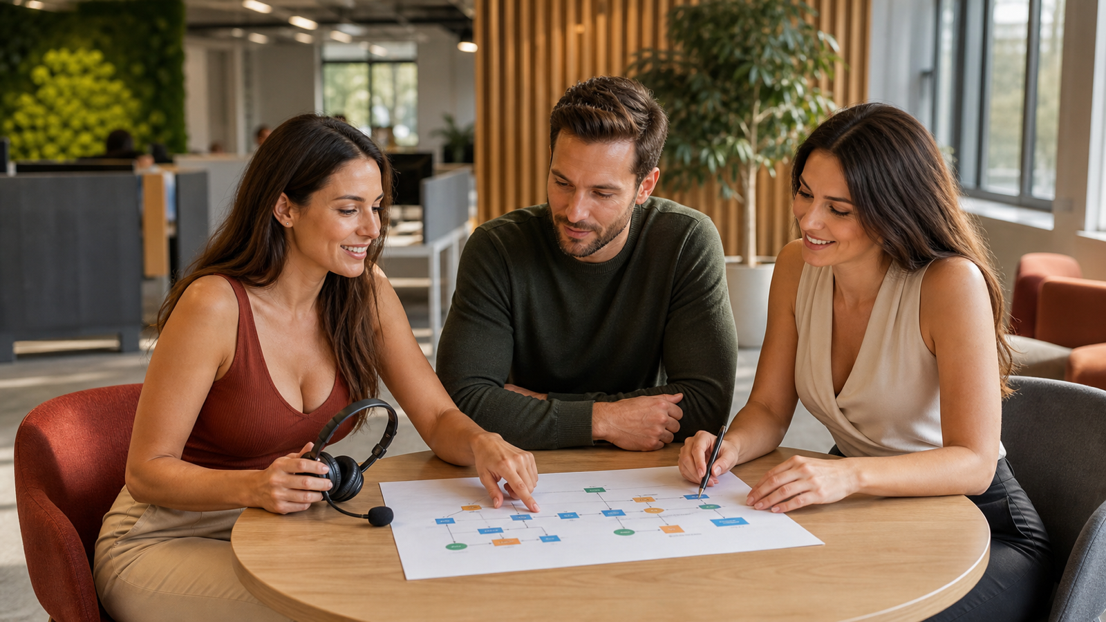 Service-Team in einem österreichischen Kundenzentrum plant gemeinsam die sichere Übergabe eines KI-Chatbots an Mitarbeitende.