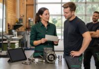 Erfahrene Mitarbeiterin erklärt einem neuen Kollegen in einer österreichischen Werkstatt einen Arbeitsschritt mit KI-gestützter Wissensbasis