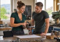 Schlanke erfahrene Mitarbeiterin erklärt einem neuen Kollegen in einer österreichischen Werkstatt einen mechanischen Arbeitsschritt mit KI-gestützter Wissensbasis