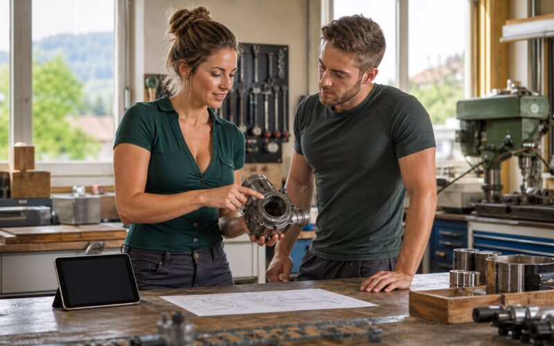Schlanke erfahrene Mitarbeiterin erklärt einem neuen Kollegen in einer österreichischen Werkstatt einen mechanischen Arbeitsschritt mit KI-gestützter Wissensbasis