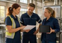 Adult professionals in an Austrian industrial hall jointly inspect an unlabeled safety card next to a machine, symbolic image for AI in occupational safety