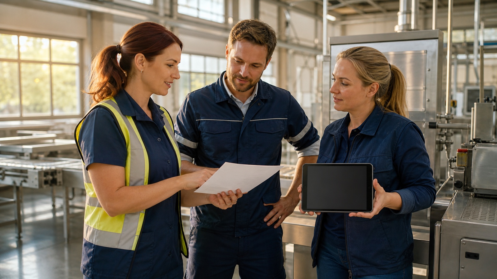 Adult professionals in an Austrian industrial hall jointly inspect an unlabeled safety card next to a machine, symbolic image for AI in occupational safety