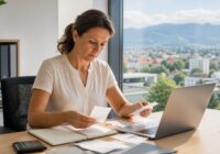 An adult female employee reviews travel expense receipts next to a laptop and a mileage log in an Austrian office
