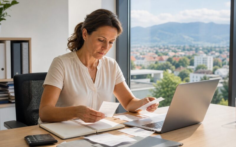 An adult female employee reviews travel expense receipts next to a laptop and a mileage log in an Austrian office