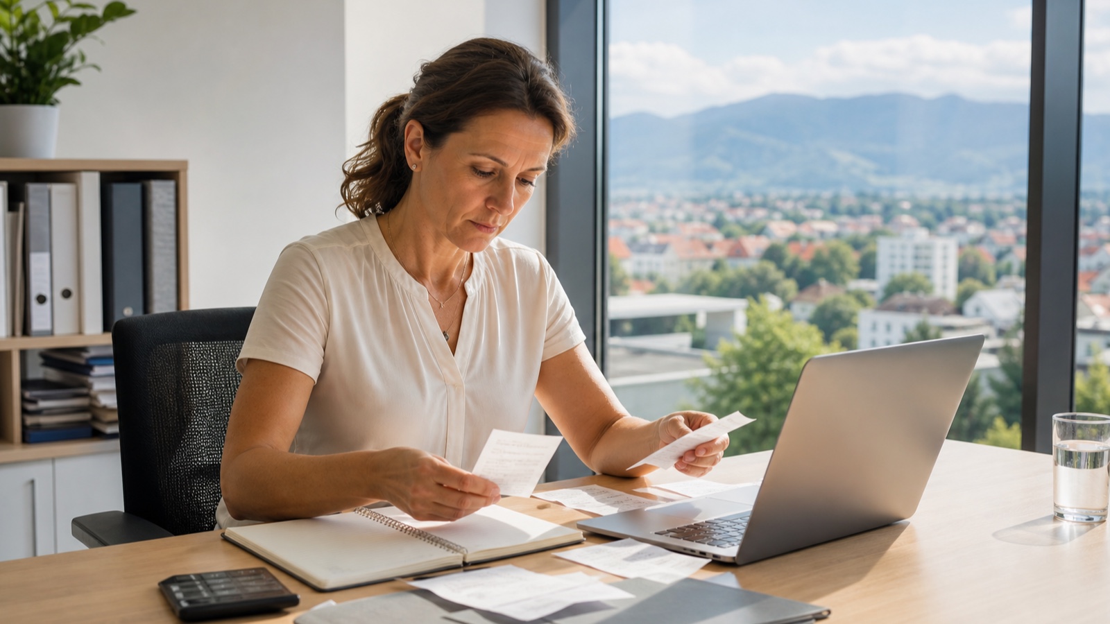 An adult female employee reviews travel expense receipts next to a laptop and a mileage log in an Austrian office
