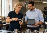 Zwei erwachsene Fachkräfte prüfen in einer österreichischen Werkstatt ein Bauteil mit KI-Unterstützung