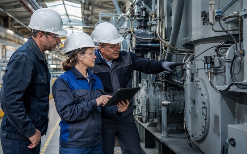 Adult maintenance technicians in an Austrian workshop jointly inspect a machine and its maintenance data