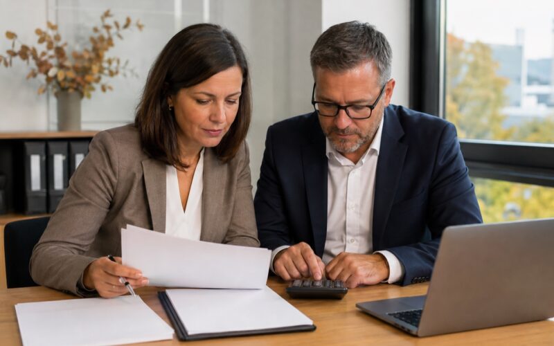 Adult payroll clerks in an Austrian office jointly examine a payroll statement and a checklist