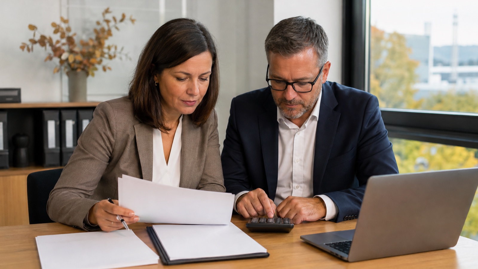 Adult payroll clerks in an Austrian office jointly examine a payroll statement and a checklist
