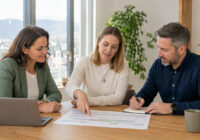 Erwachsene Berufstätige prüfen in einem hellen österreichischen Büro gemeinsam einen neutralen Arbeitszeitplan mit Laptop und Papierunterlagen
