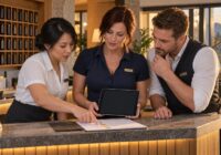 KI-generiertes Symbolbild: Drei erwachsene Hotel-Fachkräfte prüfen gemeinsam eine KI-Übersetzung an einer österreichischen Rezeption